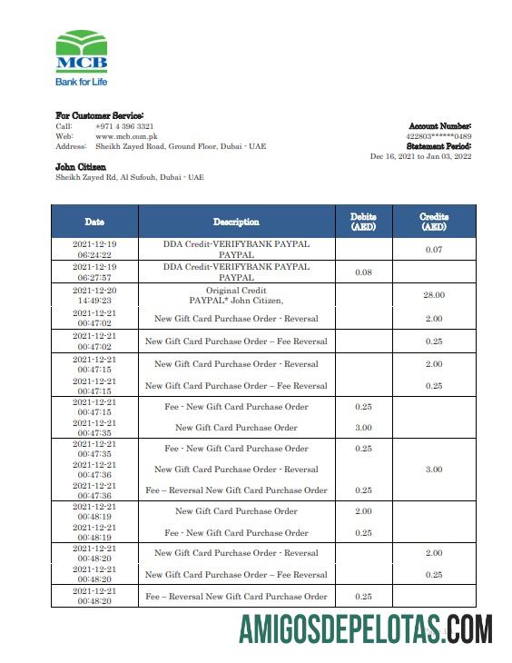 Modelo de extrato bancário MCB dos Emirados Árabes Unidos em branco em formato Word e PDF